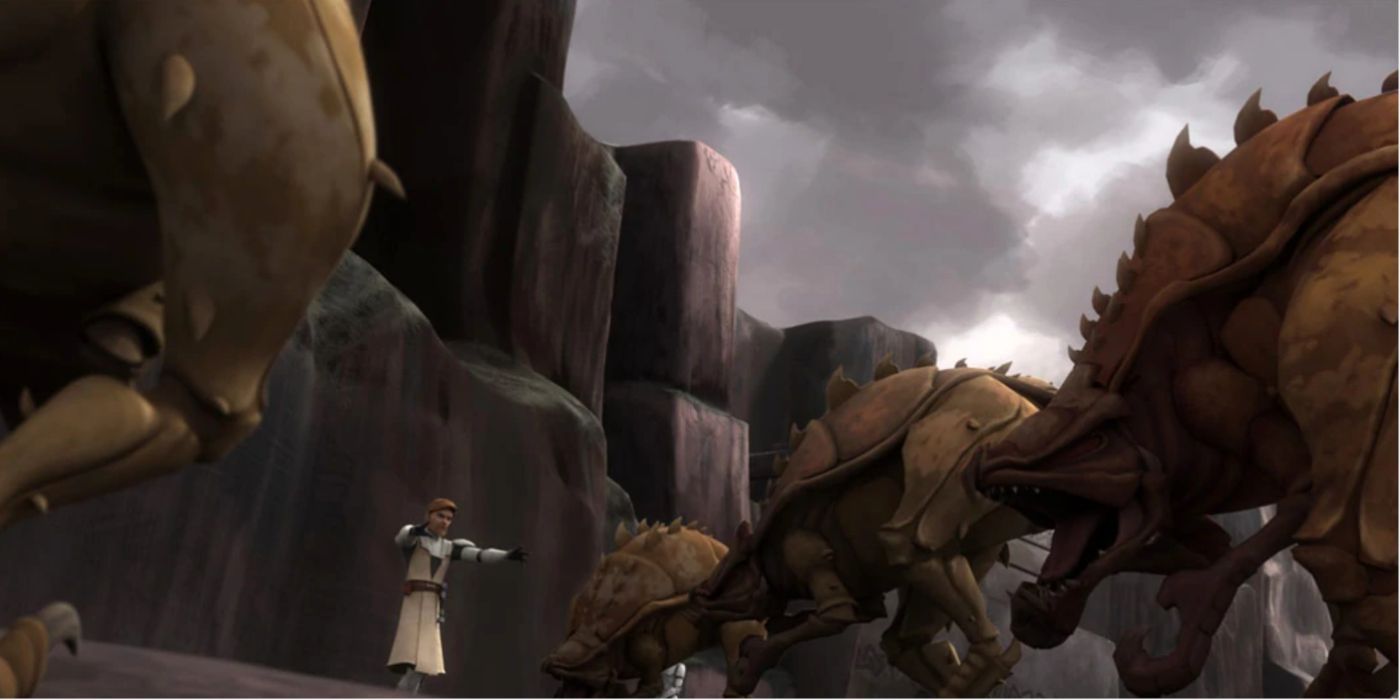 Obi Wan Kenobi tames a group of Gutkurrs in The Clone Wars