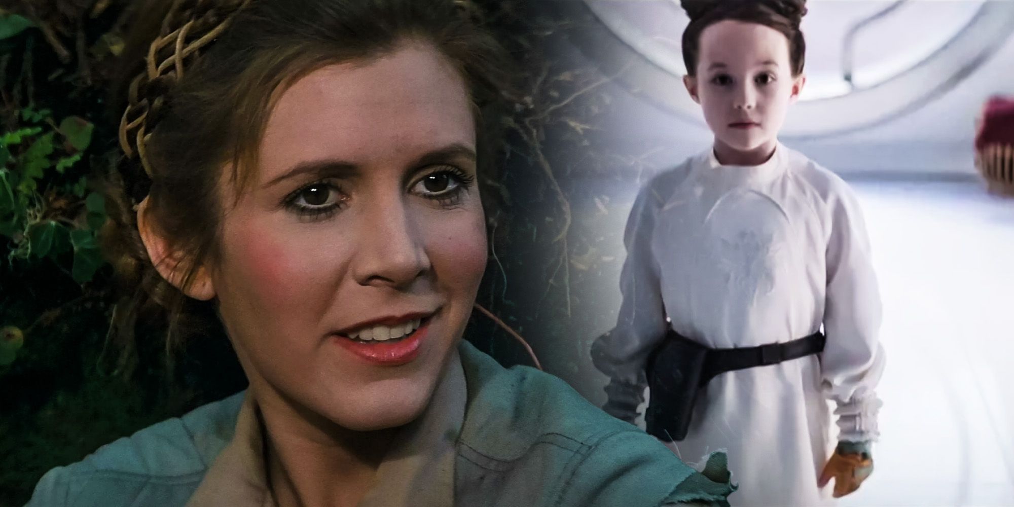 A collage photo of an older Leia from Return of the Jedi and a young Leia from Obi-Wan