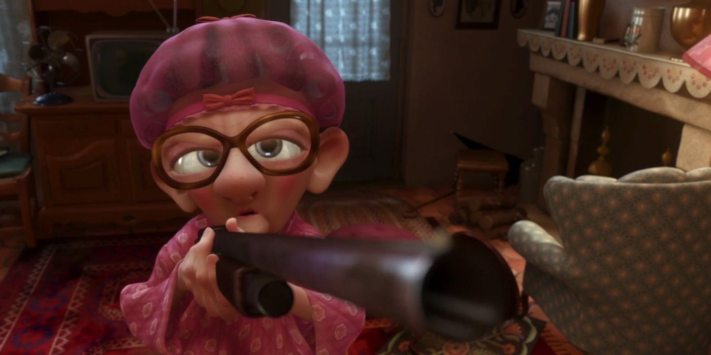 Old woman holding a shotgun in Ratatouille.