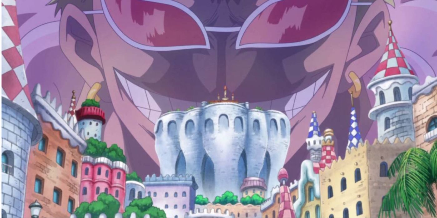 One Piece's Dressrosa Island with Doflamingo Donquixote Face as the Background.