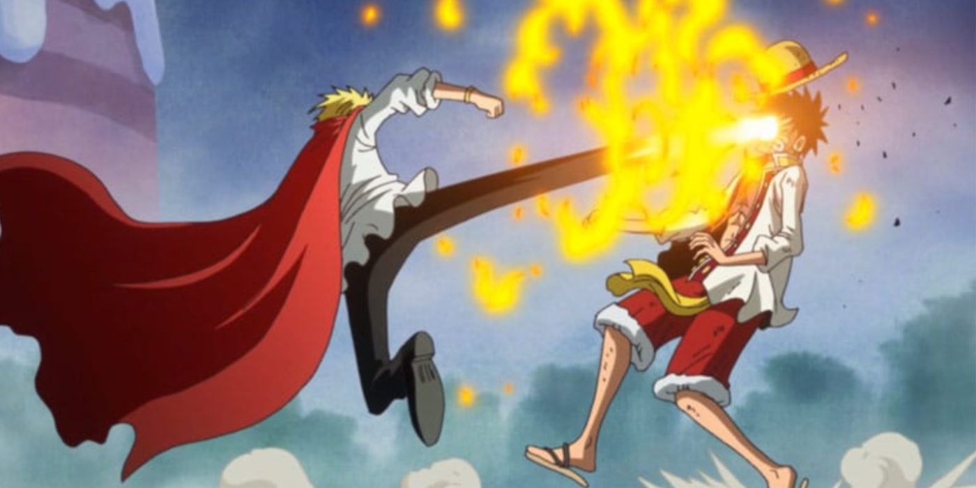 Sanji fighting Luffy. 