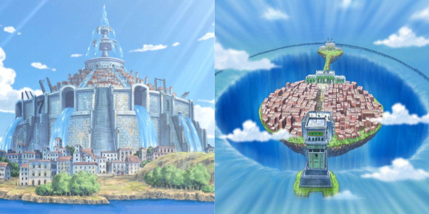 One Piece art of the Islands Water 7, and Enies Lobby.