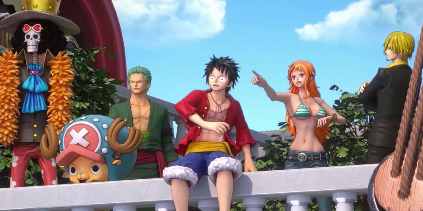 Luffy sat on the railing of the Thousand Sunny with Zoro Chopper Brook Nami and Sanji around him