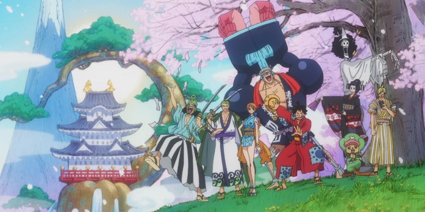 One Piece art of the Straw Hats in Wano Style Clothes and the Wano Flower Capital in the background.