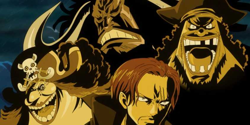 Four emperors from One Piece colored with gold light.