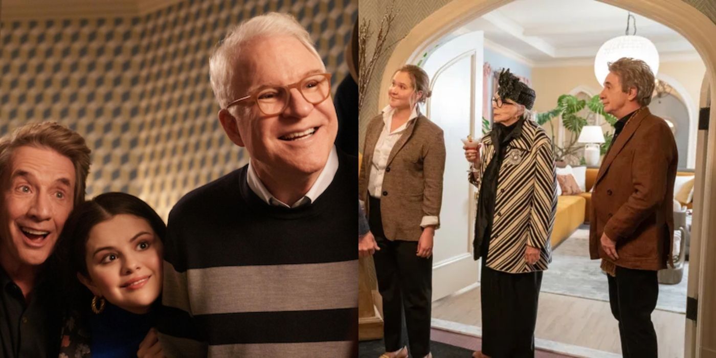 Split image of Oliver, Mabel, Charles, Leonora and Amy in Only Murders In The Building