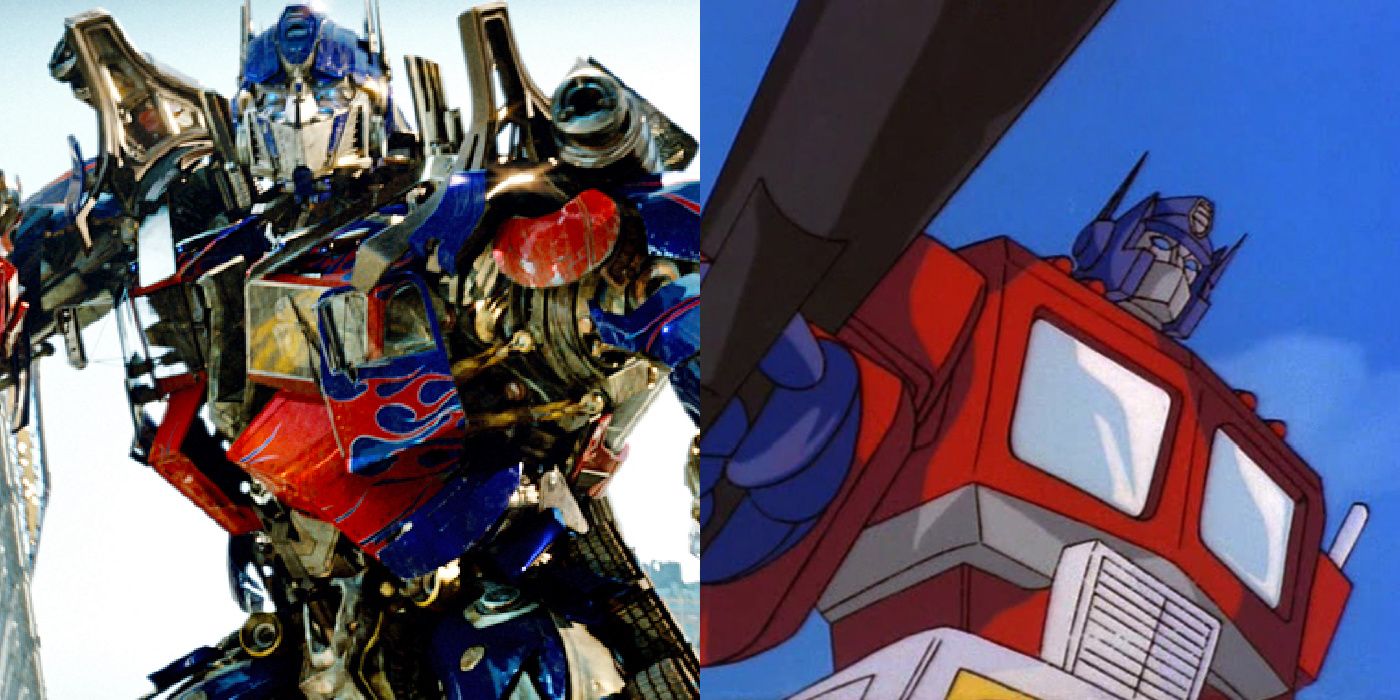 Split image of Optimus Prime from Transformers 2007 movie and 1986 animated movie.