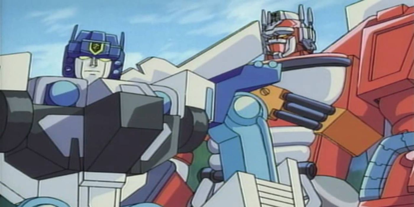 Optimus Prime and Ultra Magnus stare at the audience in Transformers: Robots in Disguise (2001)