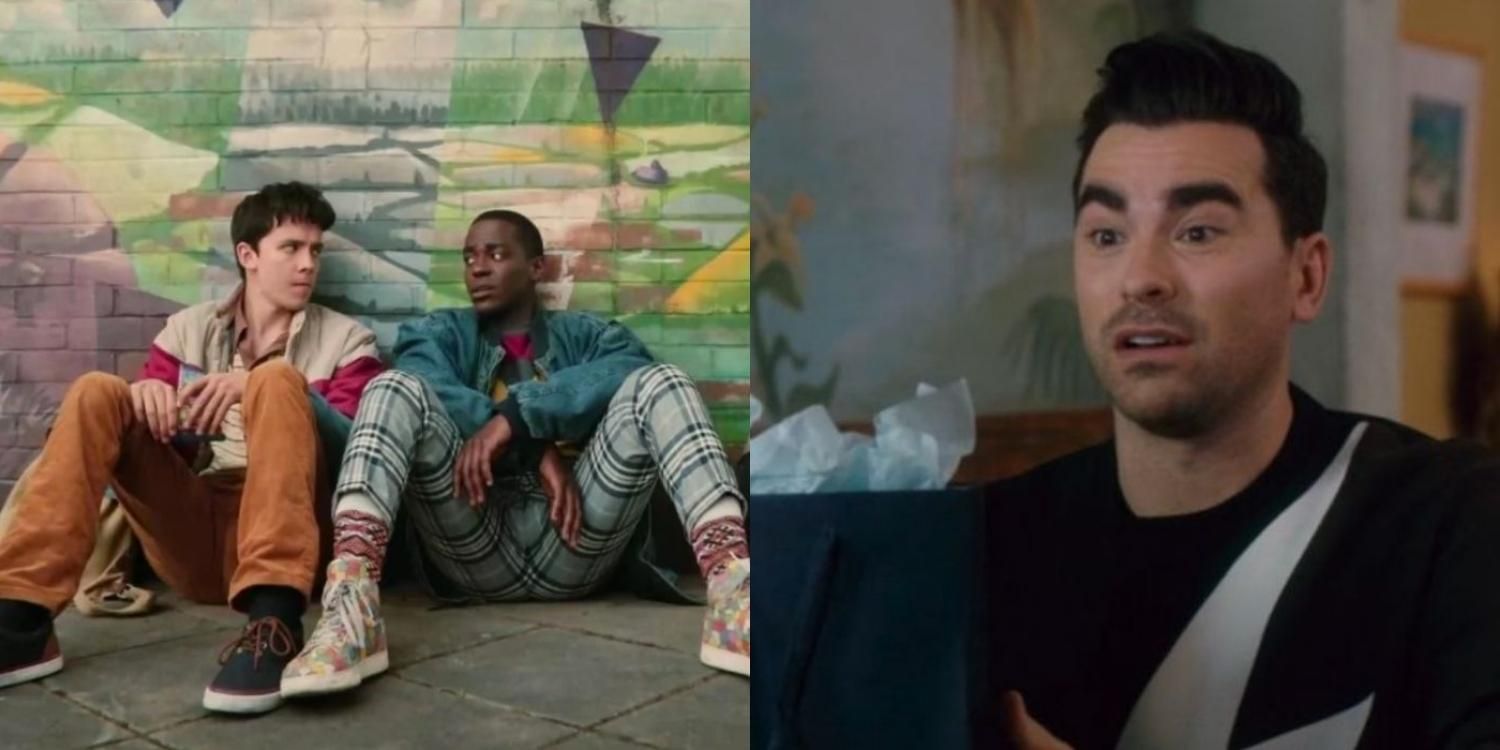 Otis and Eric sitting against a wall in Sex Education and David looking surprised in Schitt&#8217;s Creek