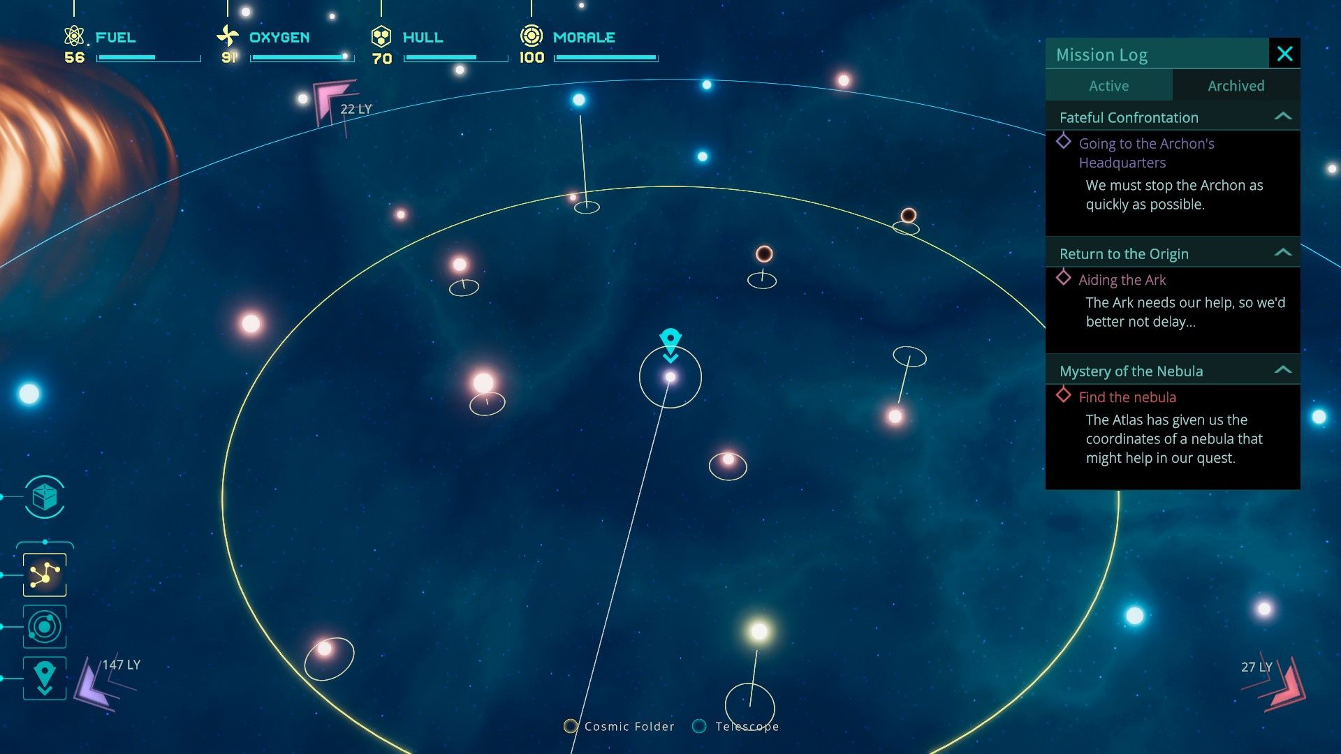 The galaxy map of Commander Nyx's journey in Out There: Oceans of Time.