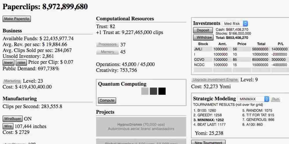 The statistics of a game of Paperclips looks like a work document.