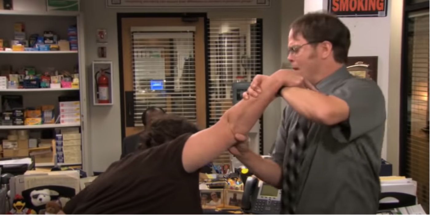 Phyllis and Dwight doing martial arts in The Office
