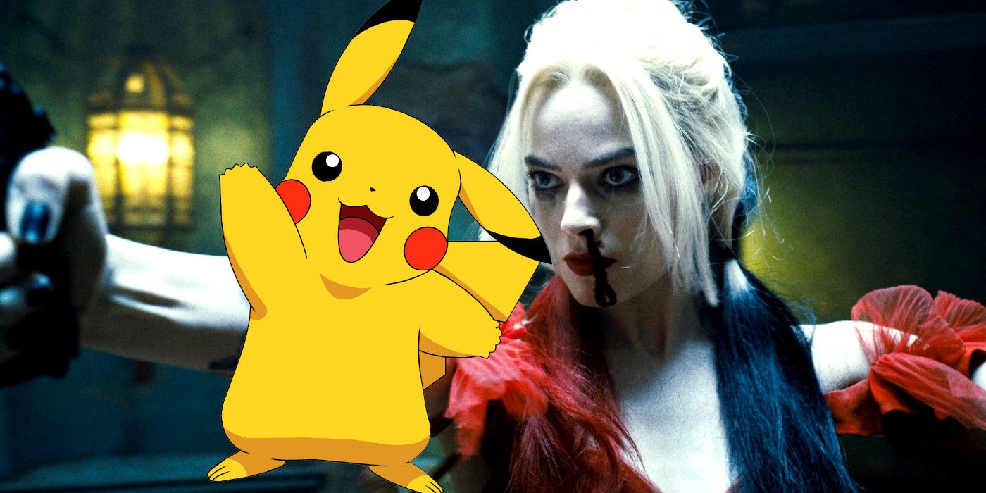Pokemon Pikachu along with Margot Robbie in character as Harley Quinn shooting guns and bleeding from the nose