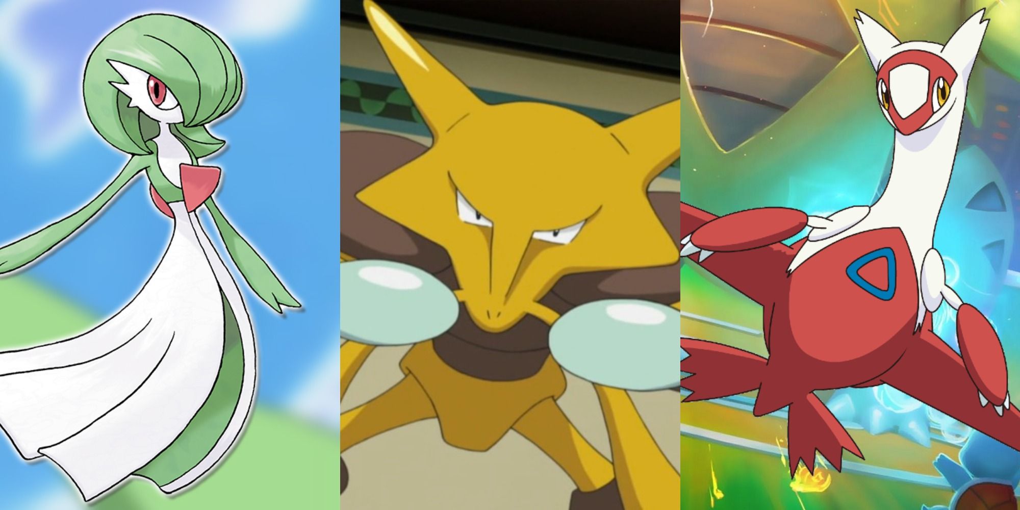 A split image of Latias, Gardevoir, and Alakazam.