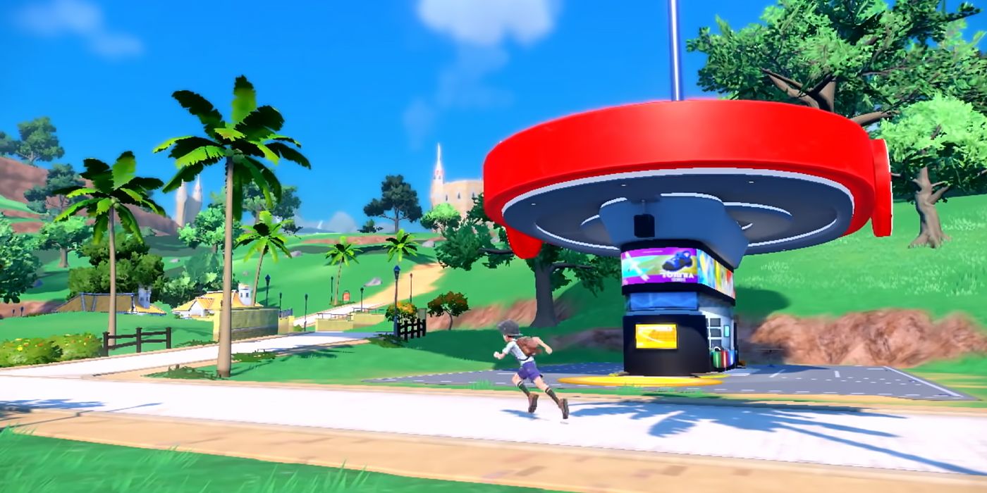 A Trainer running by a Pokémon Center in Scarlet & Violet.