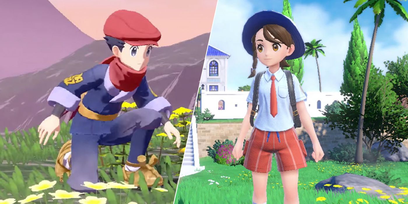 Captura de tela dividida de Pokemon Scarlet e Violet e Legends Arceus mostrando os dois protagonistas, à esquerda um menino vestido com um boné no joelho dobrado e à direita uma menina de short, camisa e gravata em pé