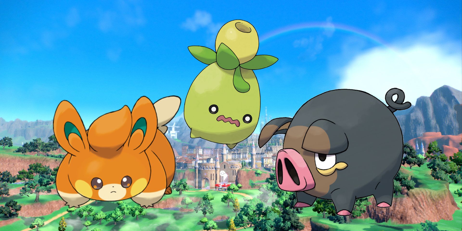 Blended image showing Smoliv, Pawmi, and Lechonk from Pókémon Scarlet & Violet.