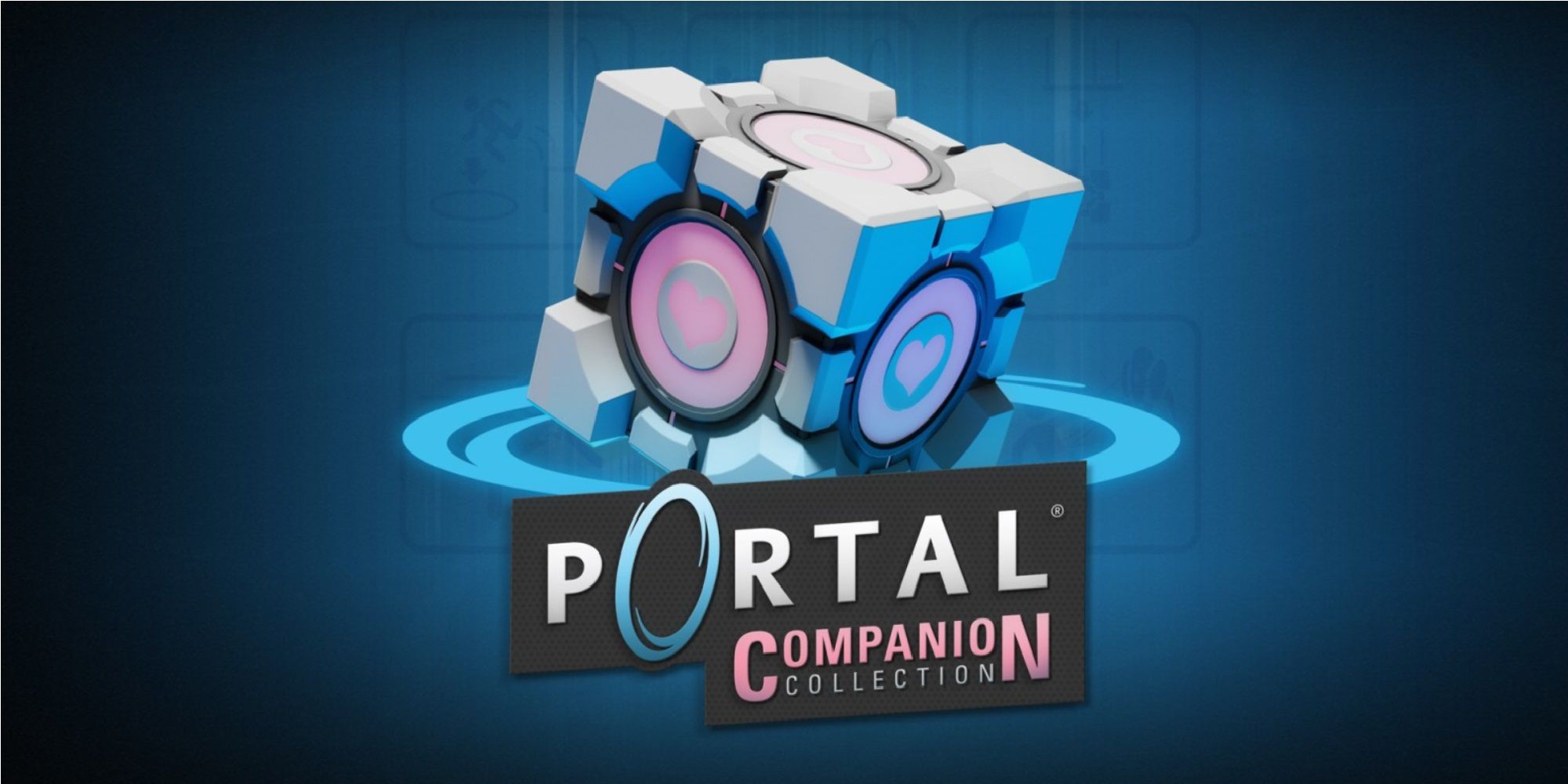 Portal: Companion Collection key art with the Companion Cube entering a blue portal.