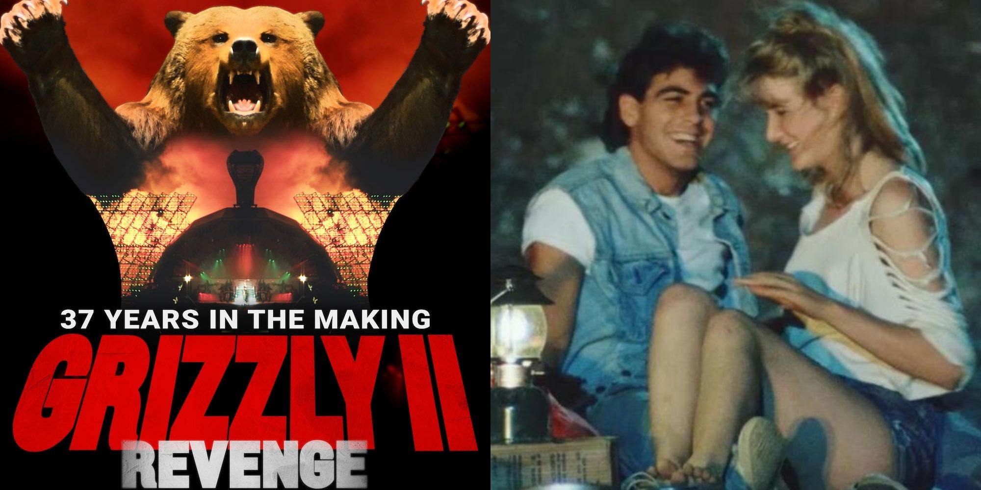 Split image showing the Poster for Grizzly II Revenge and George Clooney and Laura Dern in the movie.