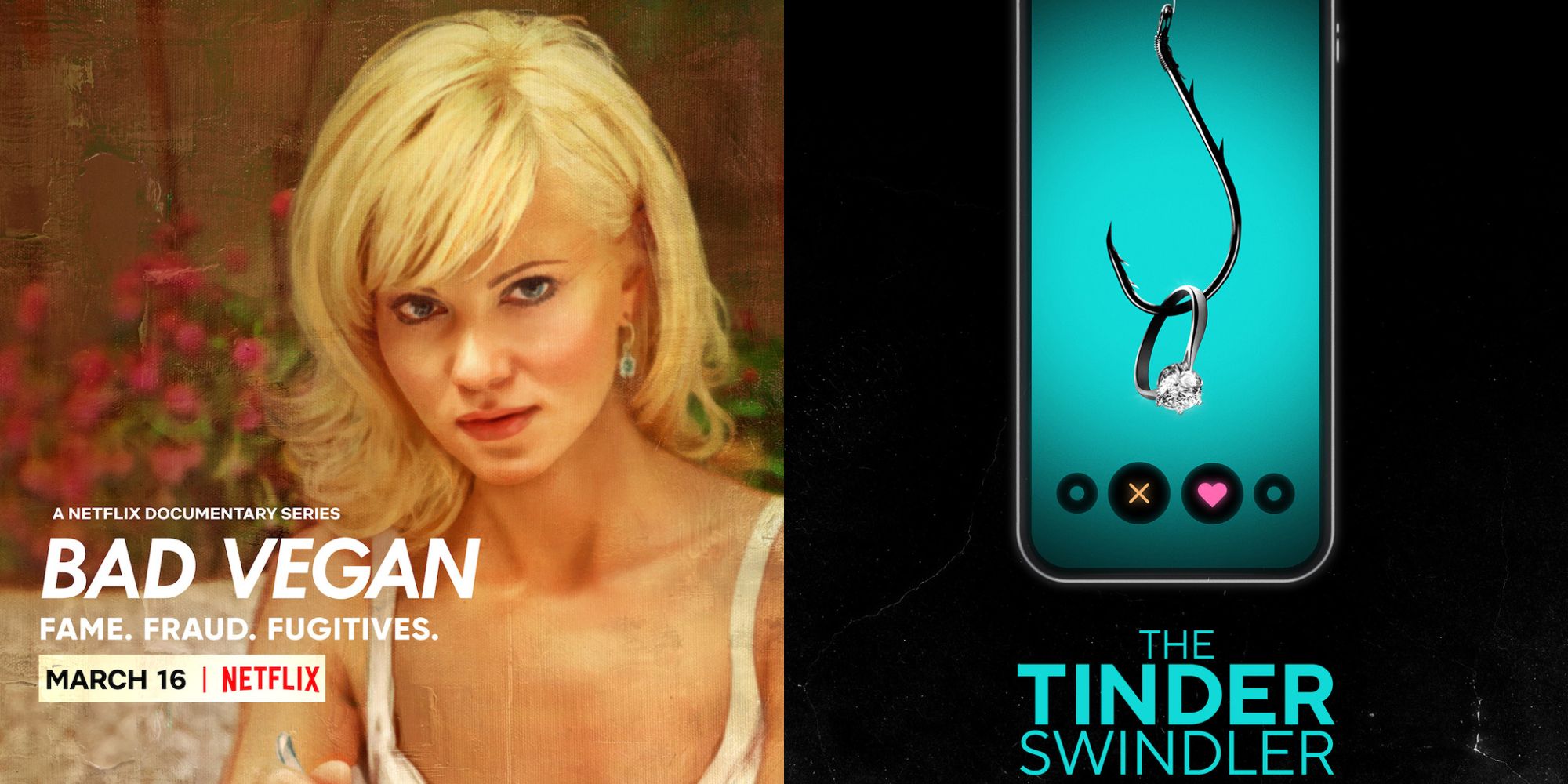 Split image showing the posters for Bad Vegan and The Tinder Swindler.