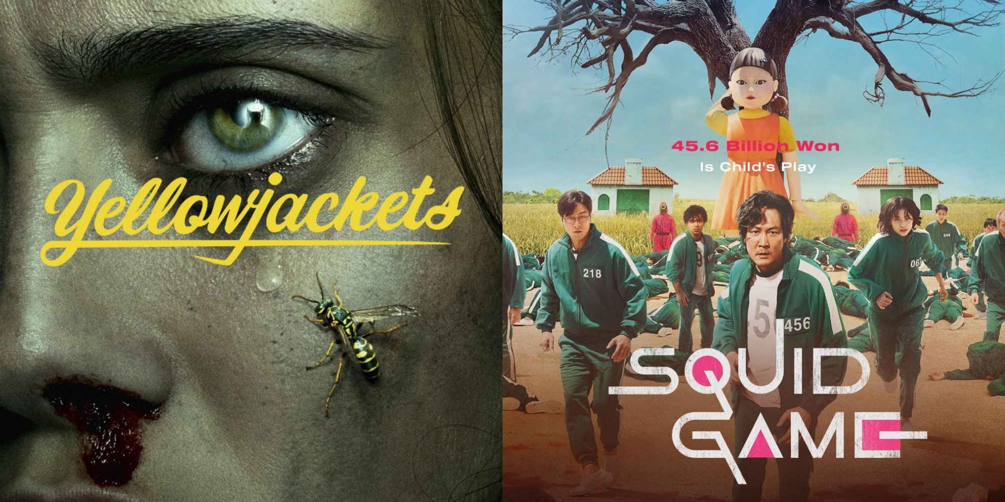 Split image showing posters for Yellowjackets and Squid Game.