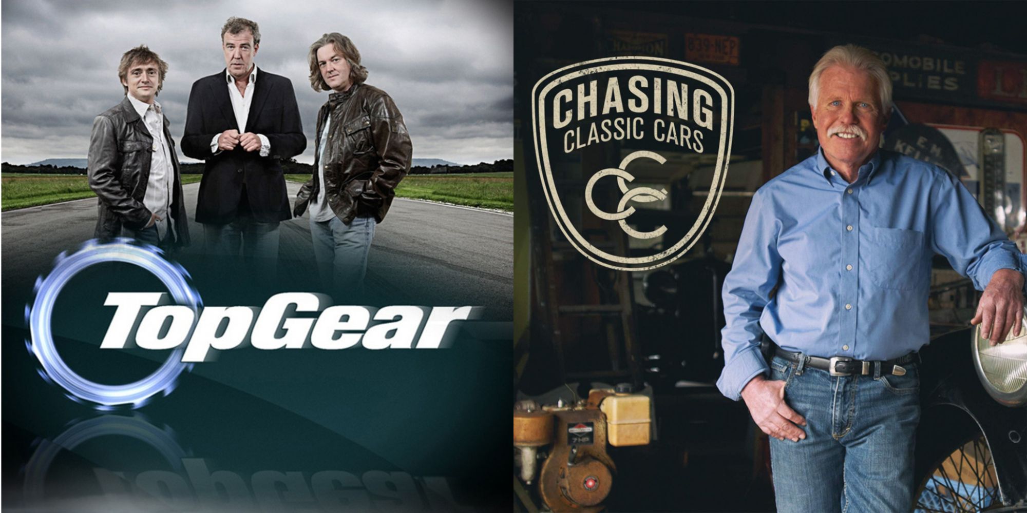 Split image showing posters for the shows Top Gear and Chasing Classic Cars.