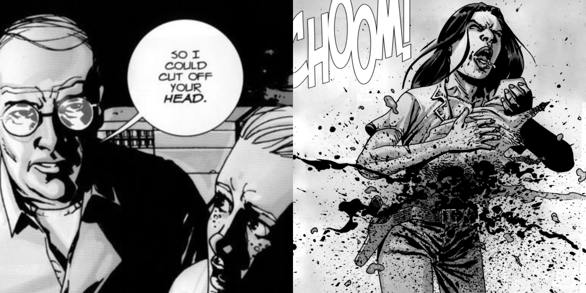 Split image showing the Prison Killer and Lori's death in The Walking Death Comics.