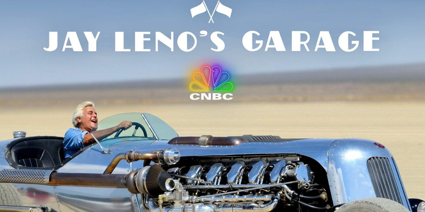Jay Leno driving a car in a promo image for Jay Leno's Garage.