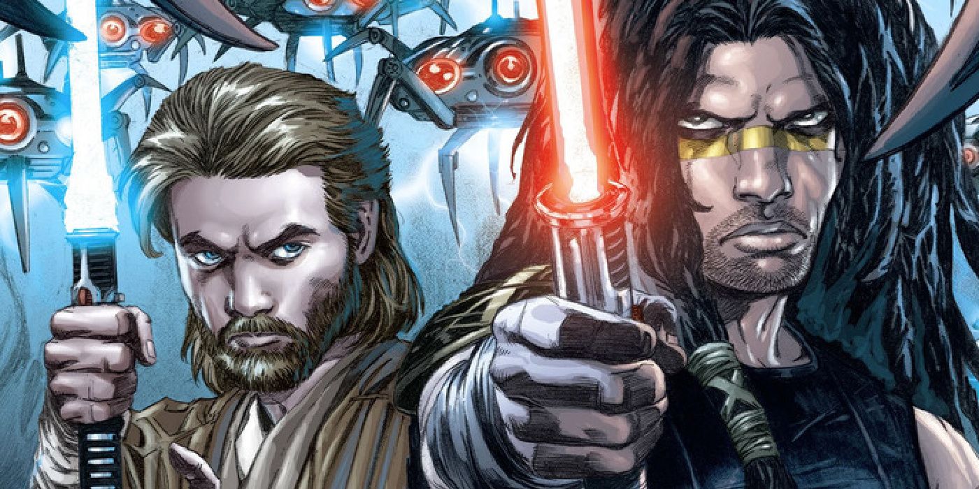 Quinlan Vos and Obi-Wan Kenobi hold their lightsabers in Star Wars comics.