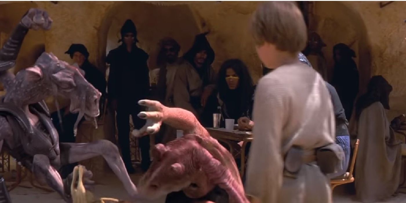 Quinlan Vos appears in the background in Mos Espa in The Phantom Menace.