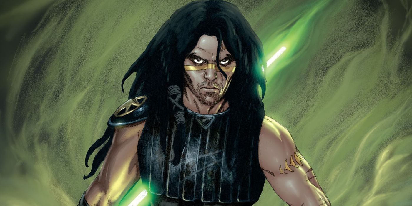 Quinlan Vos with his lightsaber in Star Wars comics.