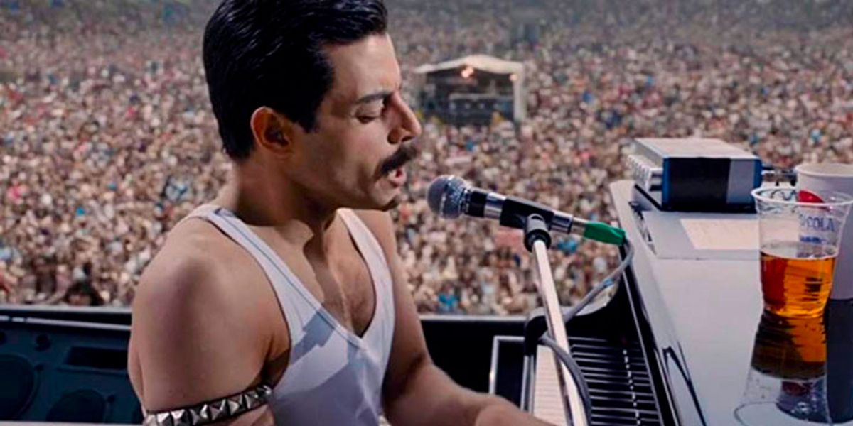 Freddie Mercury (Rami Malek) at the piano in Bohemian Rhapsody