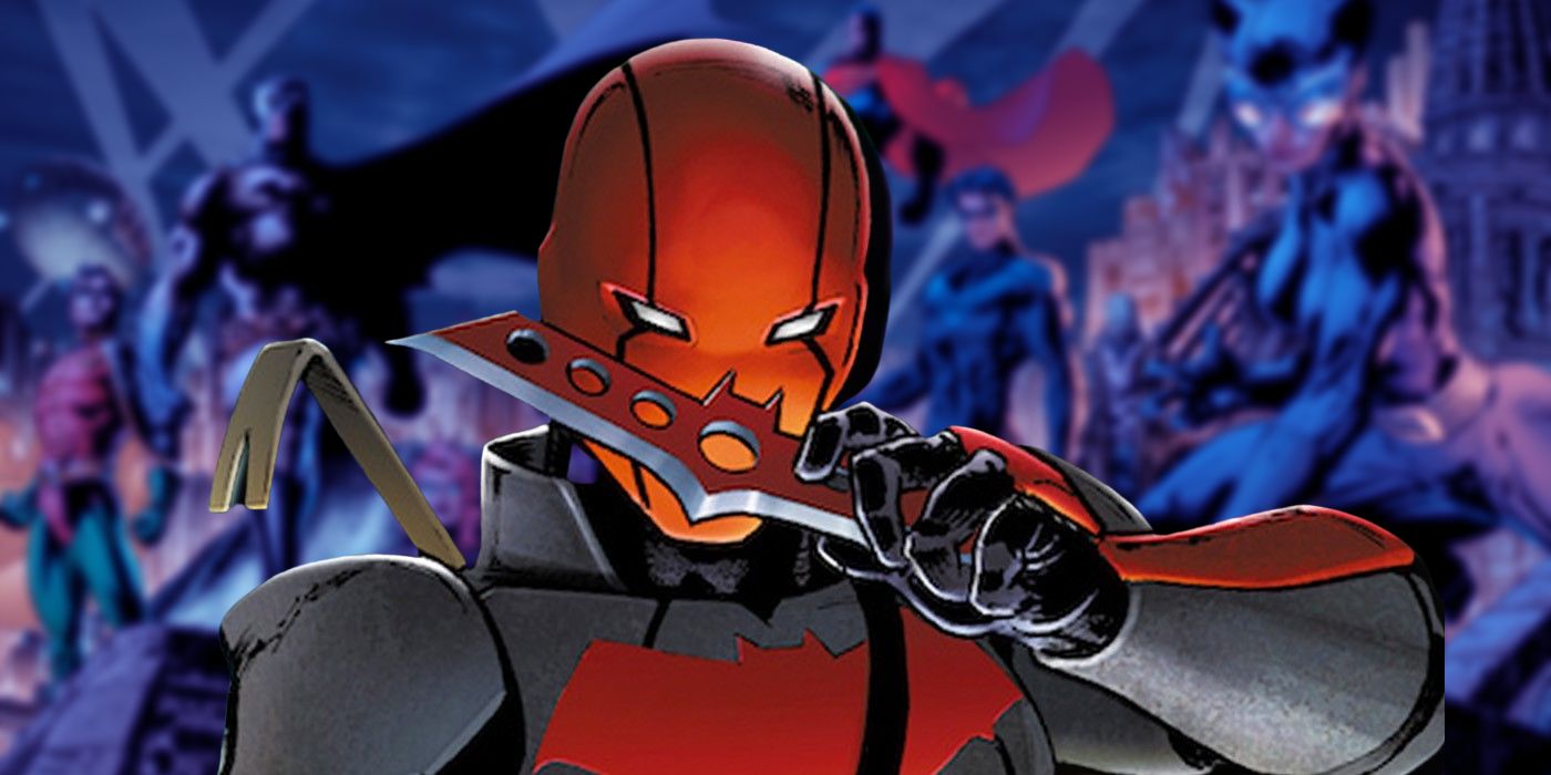 Red Hood against a backdrop of the Bat-Family.