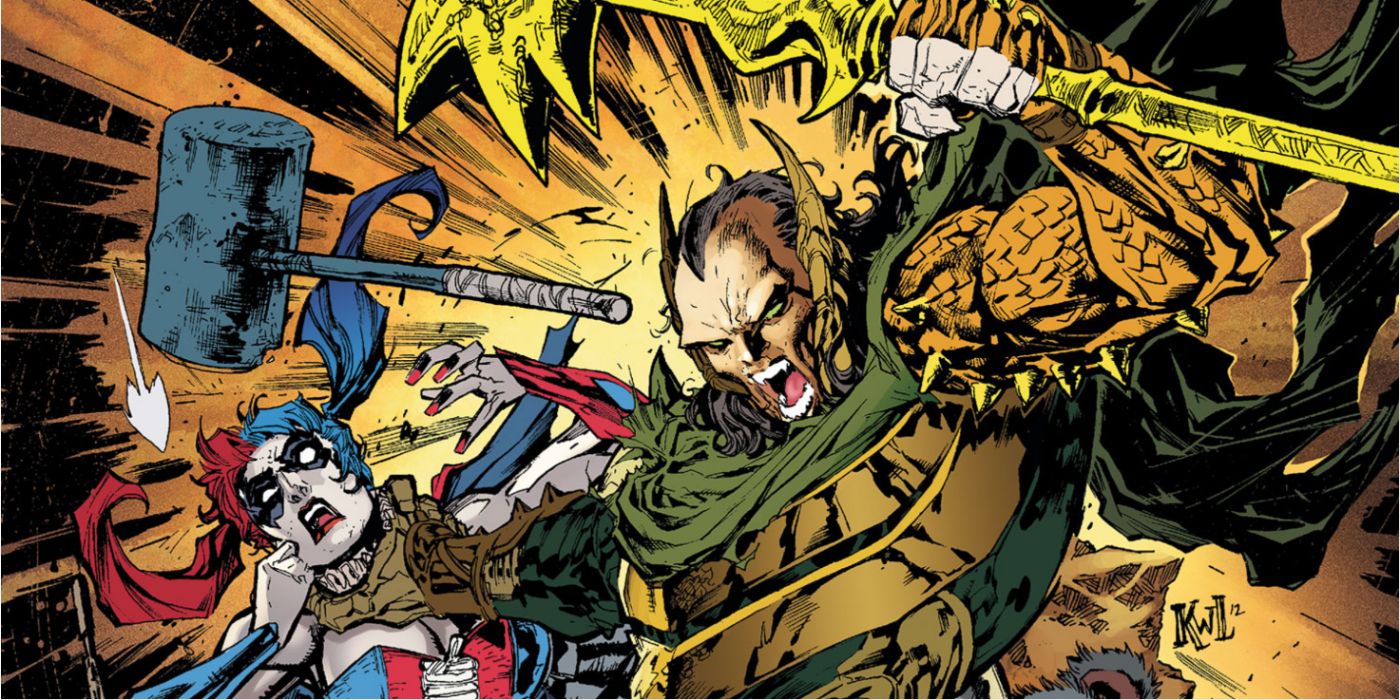 Regulus grabs Harley Quinn by the neck in a DC comic.