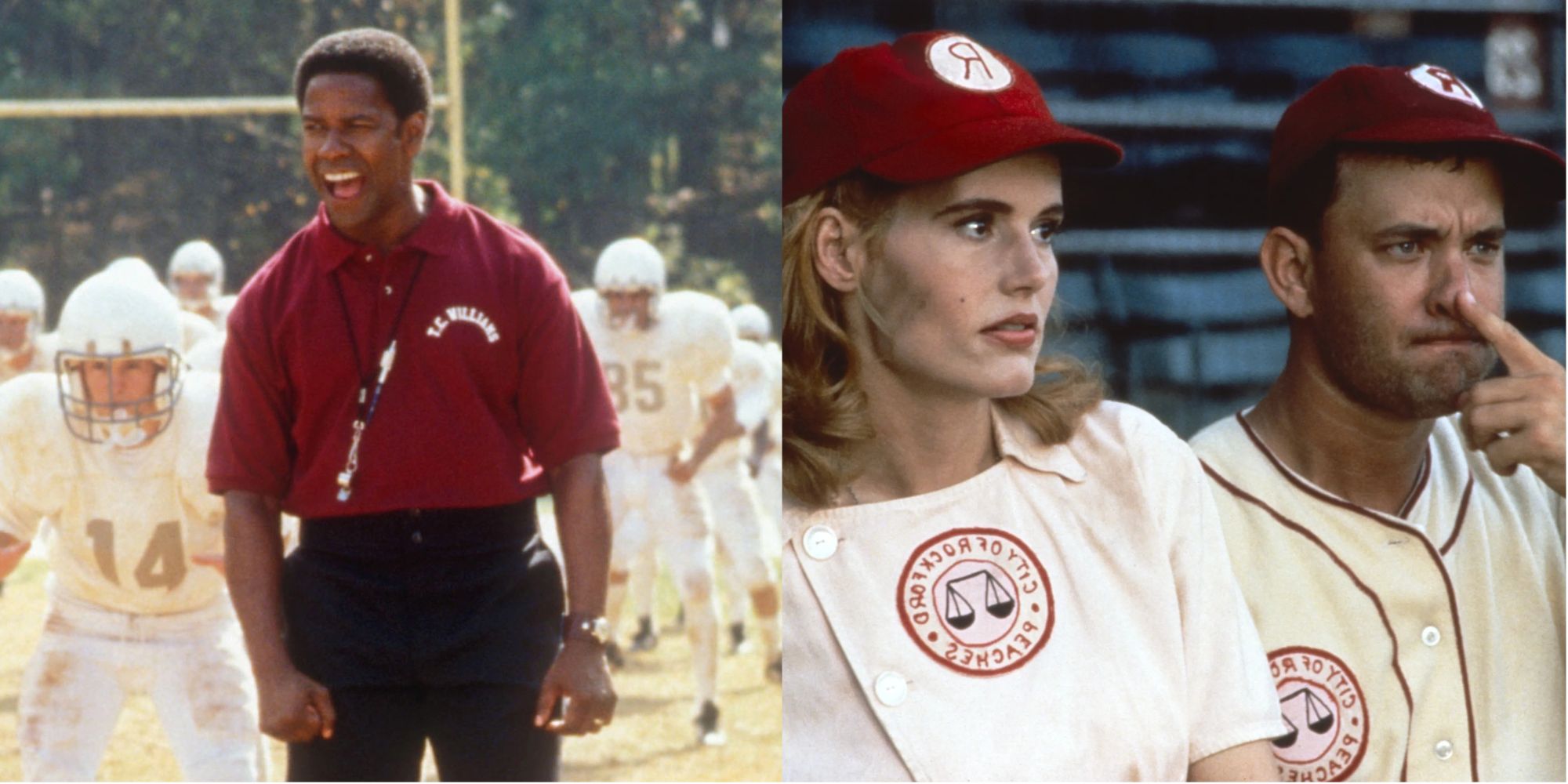 Split image of Denzel Washington in Remember the Titans and Geena Davis and Tom Hanks in A League Of Their Own