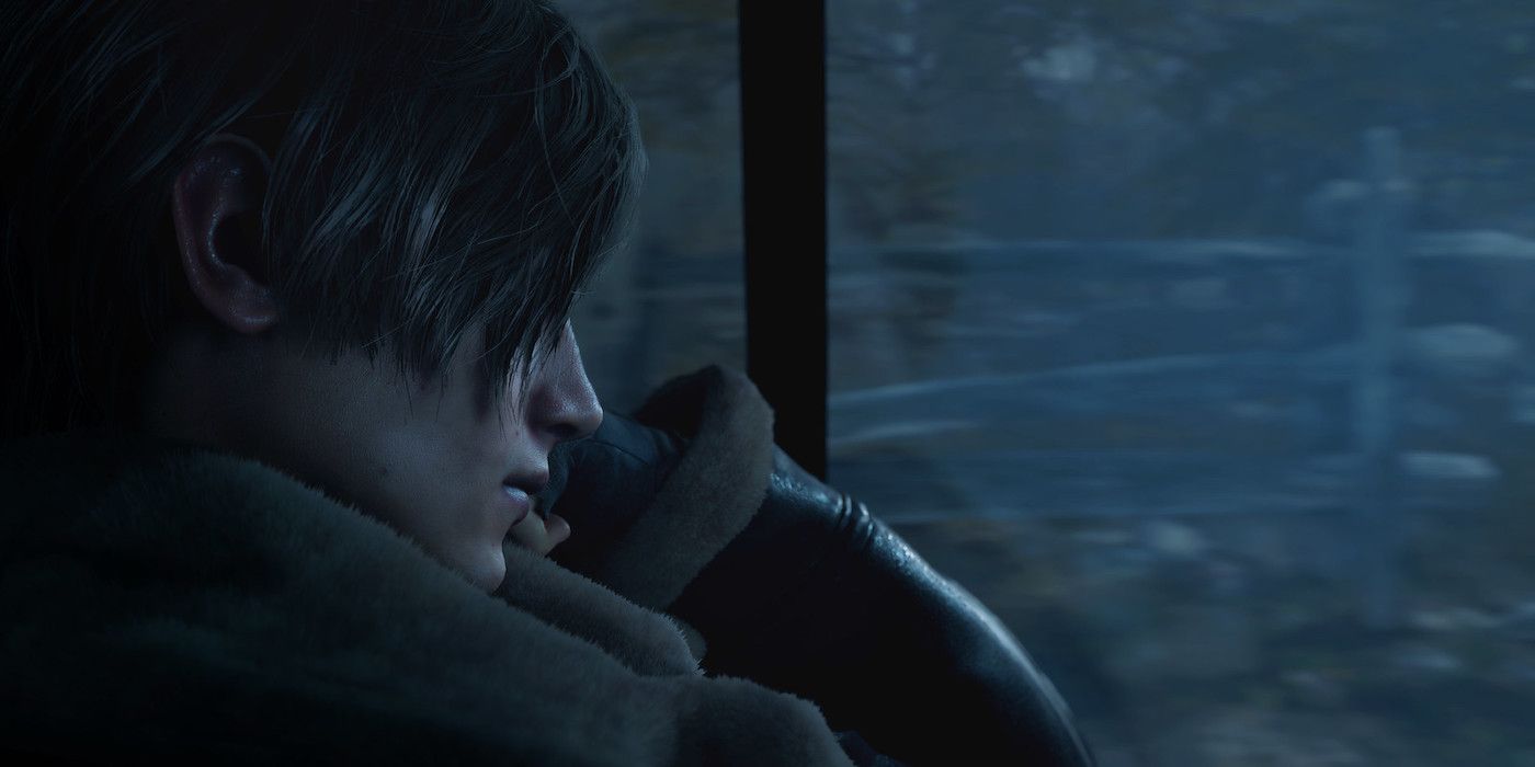 Image showing Leon Kennedy in profile, resting his face on a hand and looking out a car window in a trailer for the Resident Evil 4 remake.