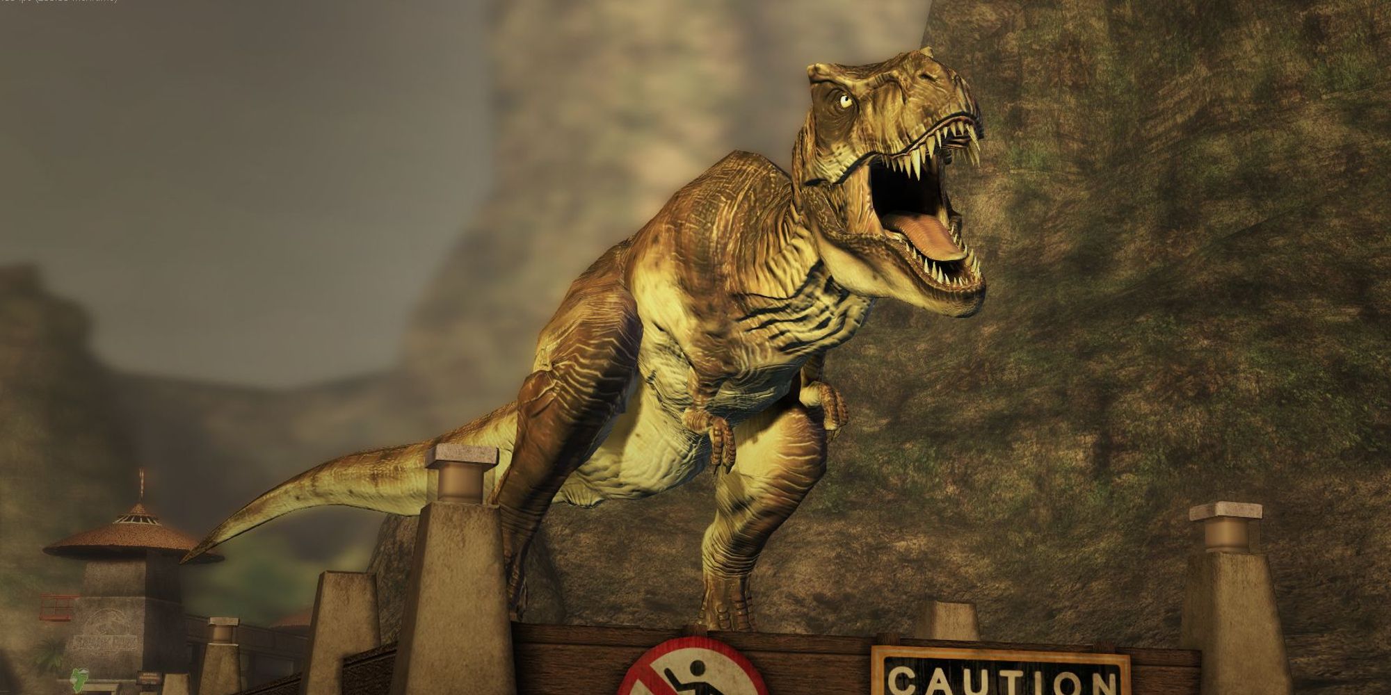 Rexy roaring on a dock in Jurassic Park The Game