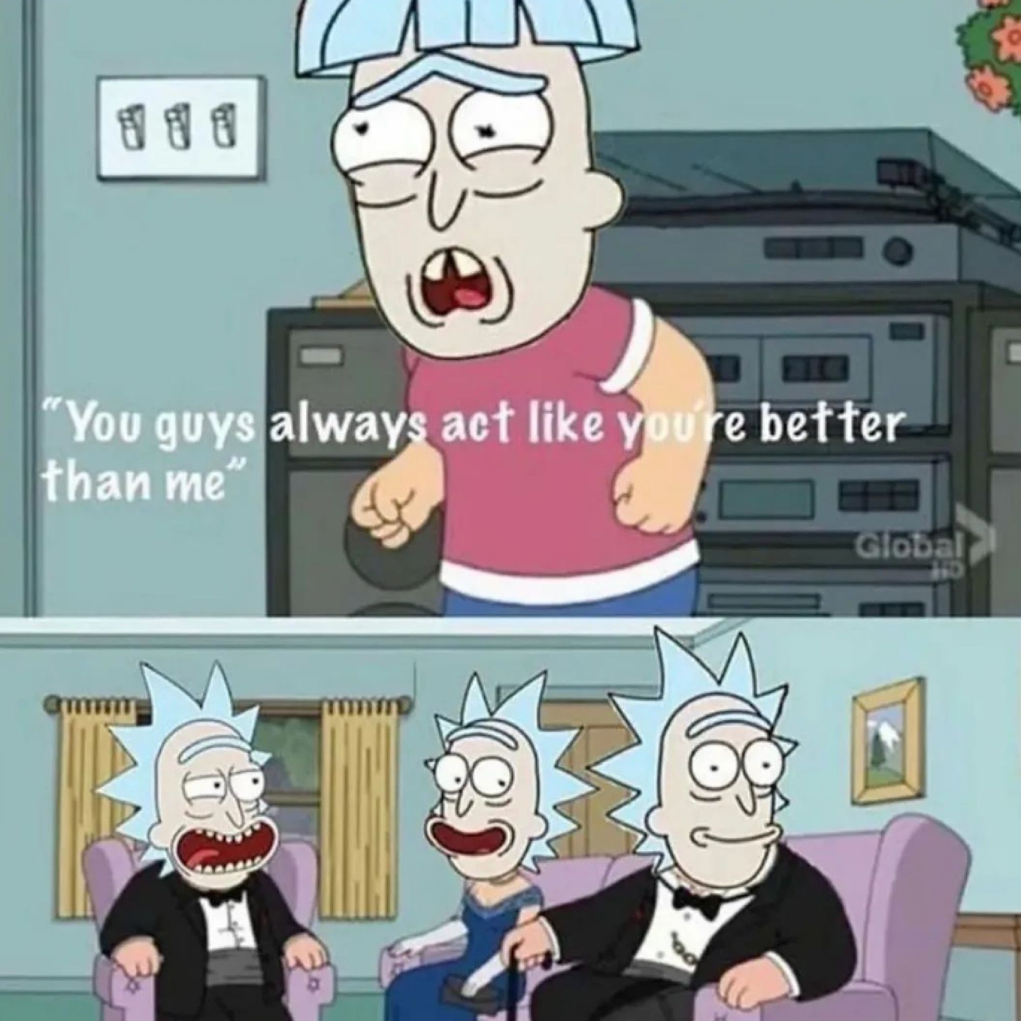 Ricks picking on Doofus Rick in a meme