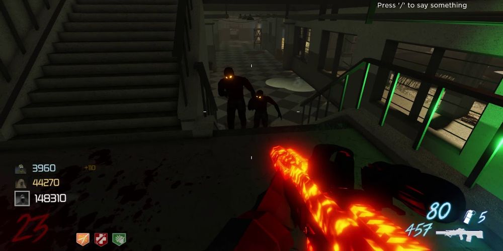 A gun fires at two shadowy zombies in Zombies Recoil