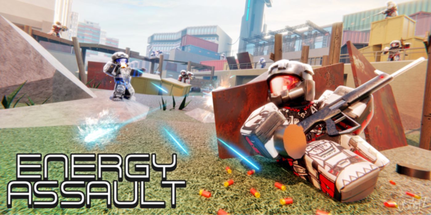Characters shooting at each other in the Roblox game Energy Assault.