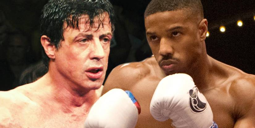 Split image of Rocky and Creed in Creed with gloves on in Creed 2
