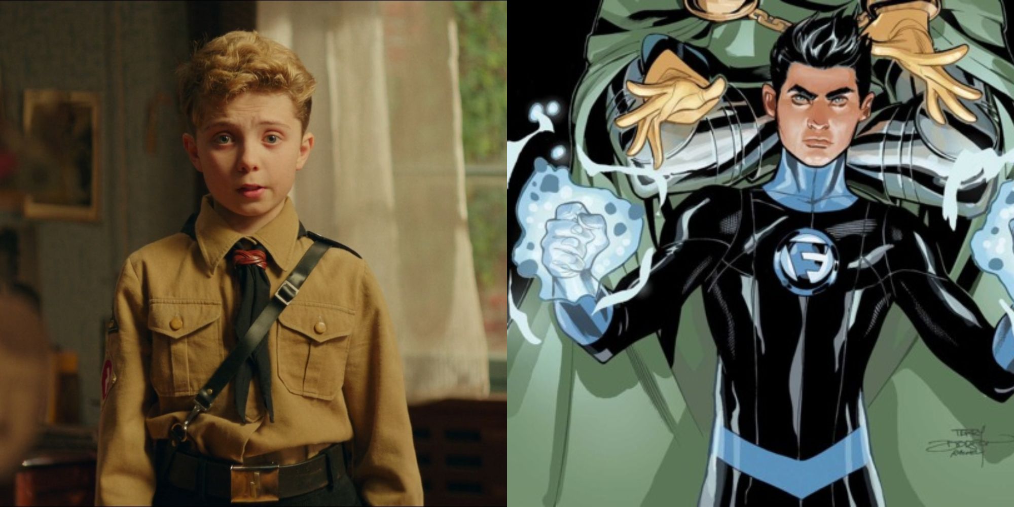 Split image showing Roman Griffin Davis in Jojo Rabbit and Franklin Richards in Marvel Comics.