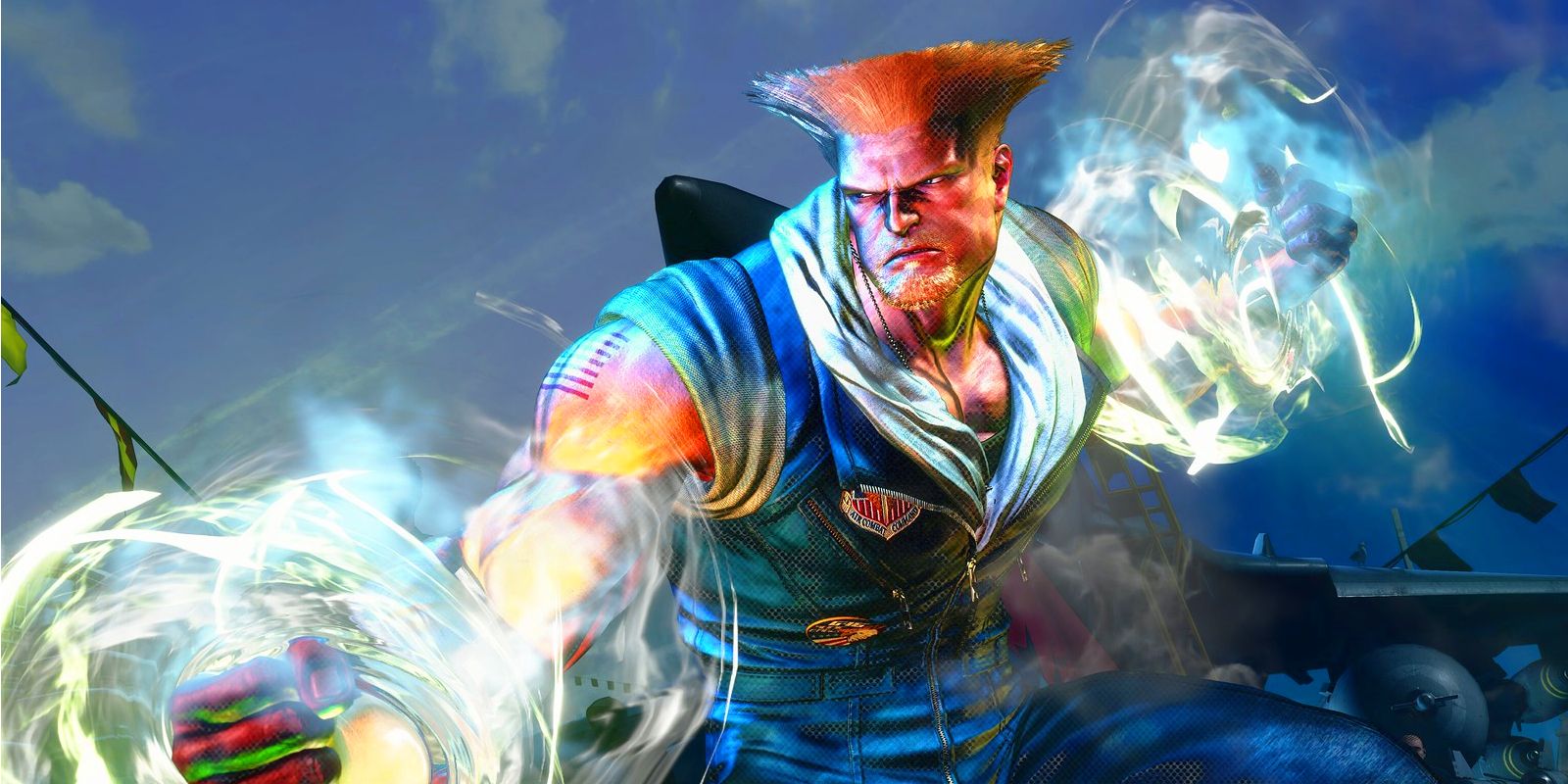 Guile, returning character in Street Fighter 6 with an exaggerated flat-top, sonic energy circling his fists.