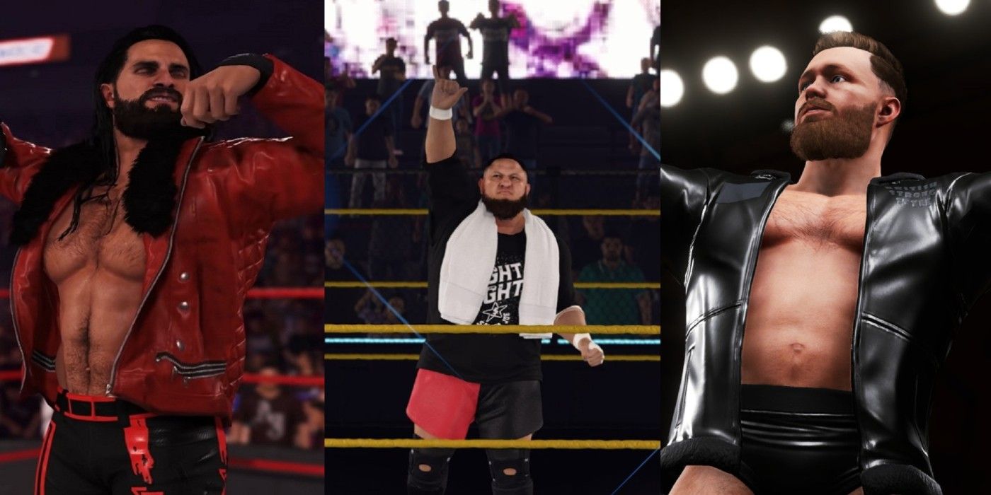 SPlit image of Rollins, Somoa Joe and Tyler Bate WWE 2K feature