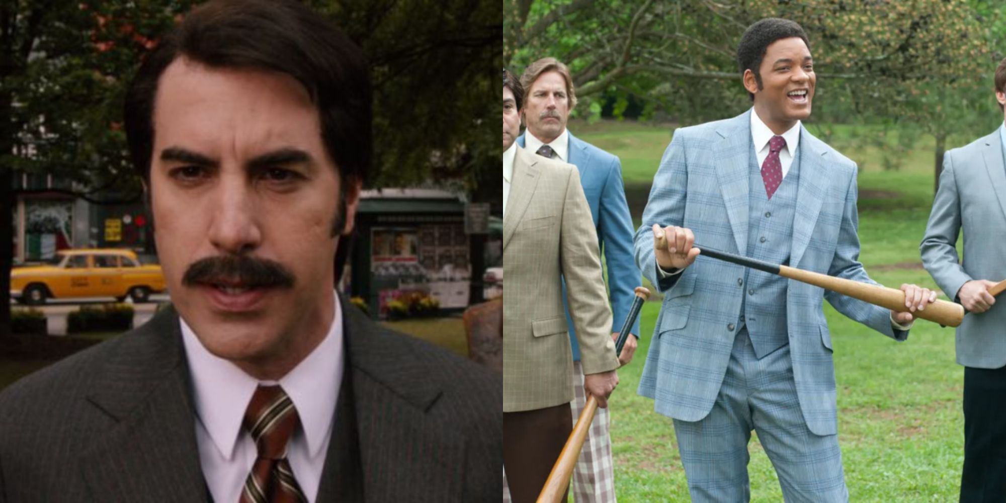 Split image showing the BBC and ESPN news teams in the fight scene from Anchorman 2.
