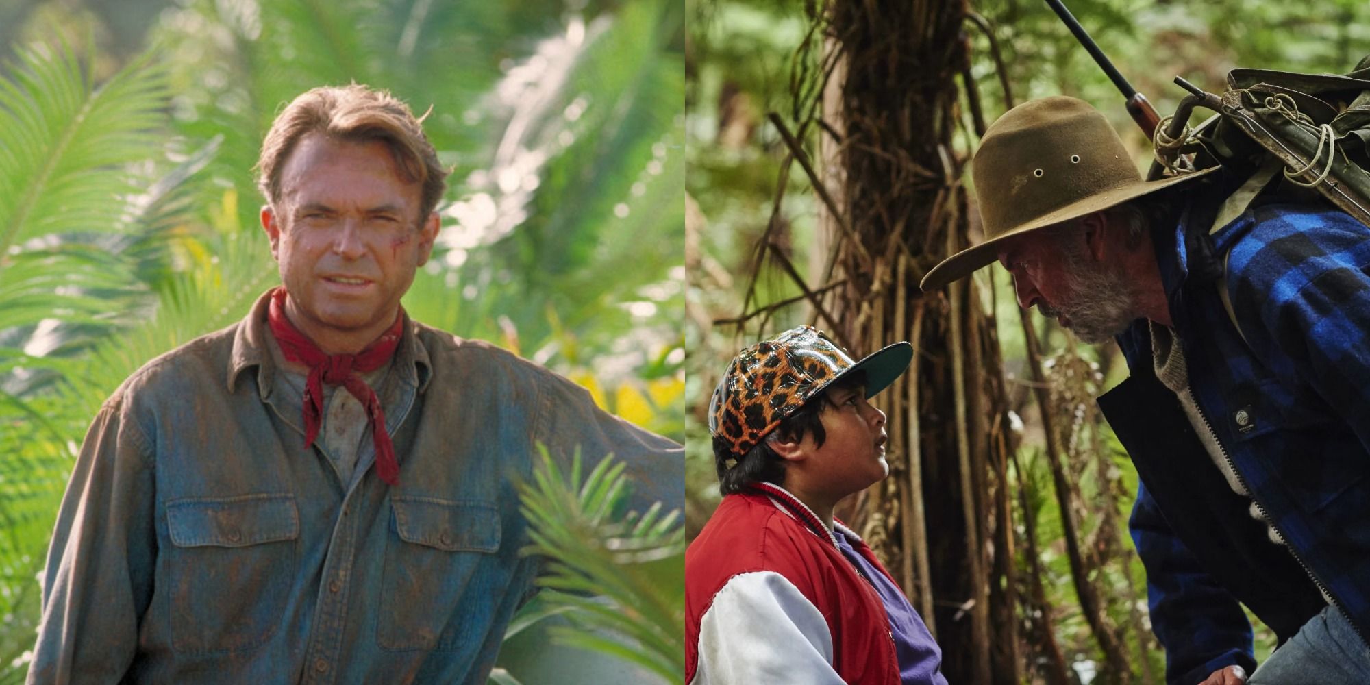 Split image showing Sam Neill in Jurassic Park and Hunt for the Wilderpeople.