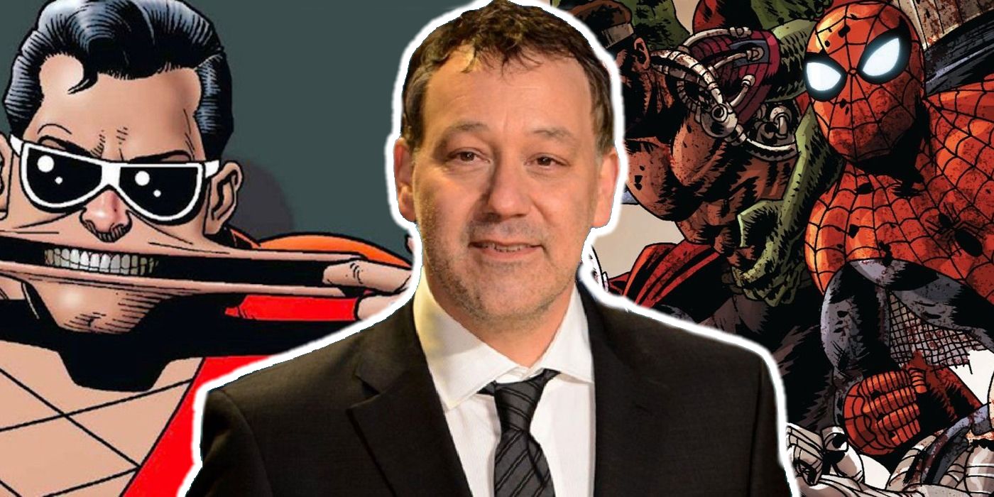 Director Sam Raimi before Plastic Man and a zombified Spider-Man.