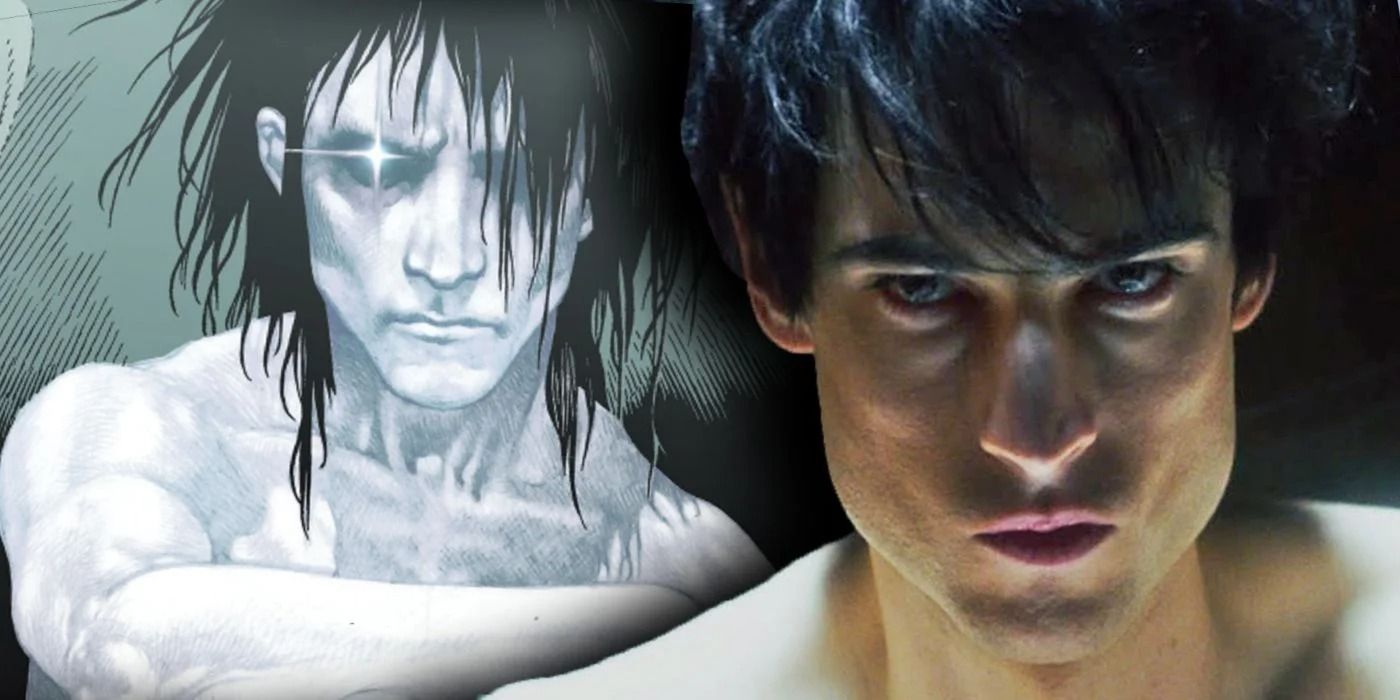 Sandman in the comics giving the glare next to his live-action version