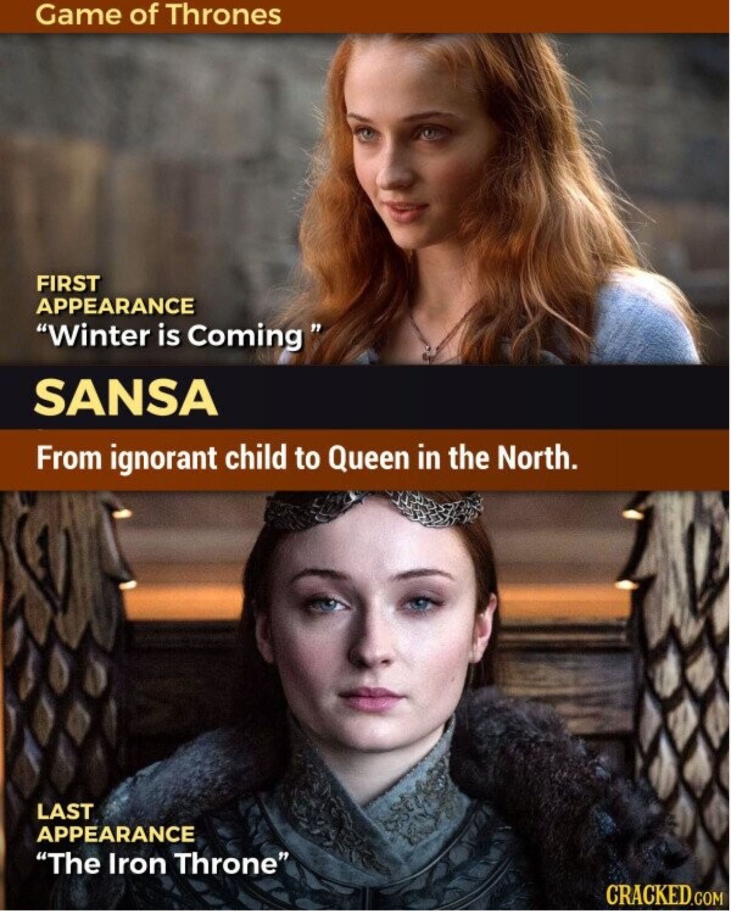 Meme about Sansa's evolution in Game of Thrones. 