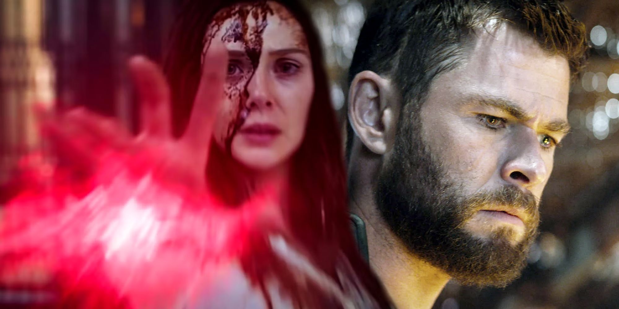 Scarlet Witch uses her powers; Thor glowers into the distance